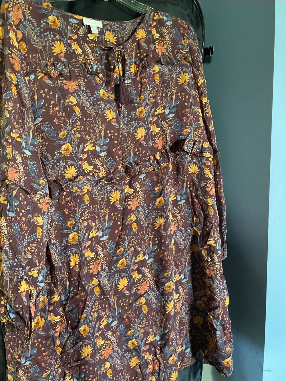 Garnet Hill Floral Tie-Neck Blouse — Maroon with Mustard & Dusty Blue